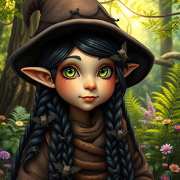 A detailed and realistic depiction of a female forest gnome featuring long black braided hair, intricately adorned with small, playful bats nestled throughout