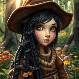 A detailed and realistic depiction of a female forest gnome featuring long black braided hair, intricately adorned with small, playful bats nestled throughout