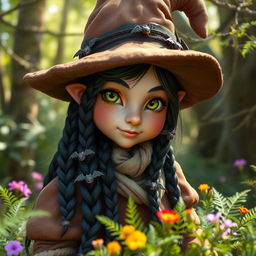 A detailed and realistic depiction of a female forest gnome featuring long black braided hair, intricately adorned with small, playful bats nestled throughout