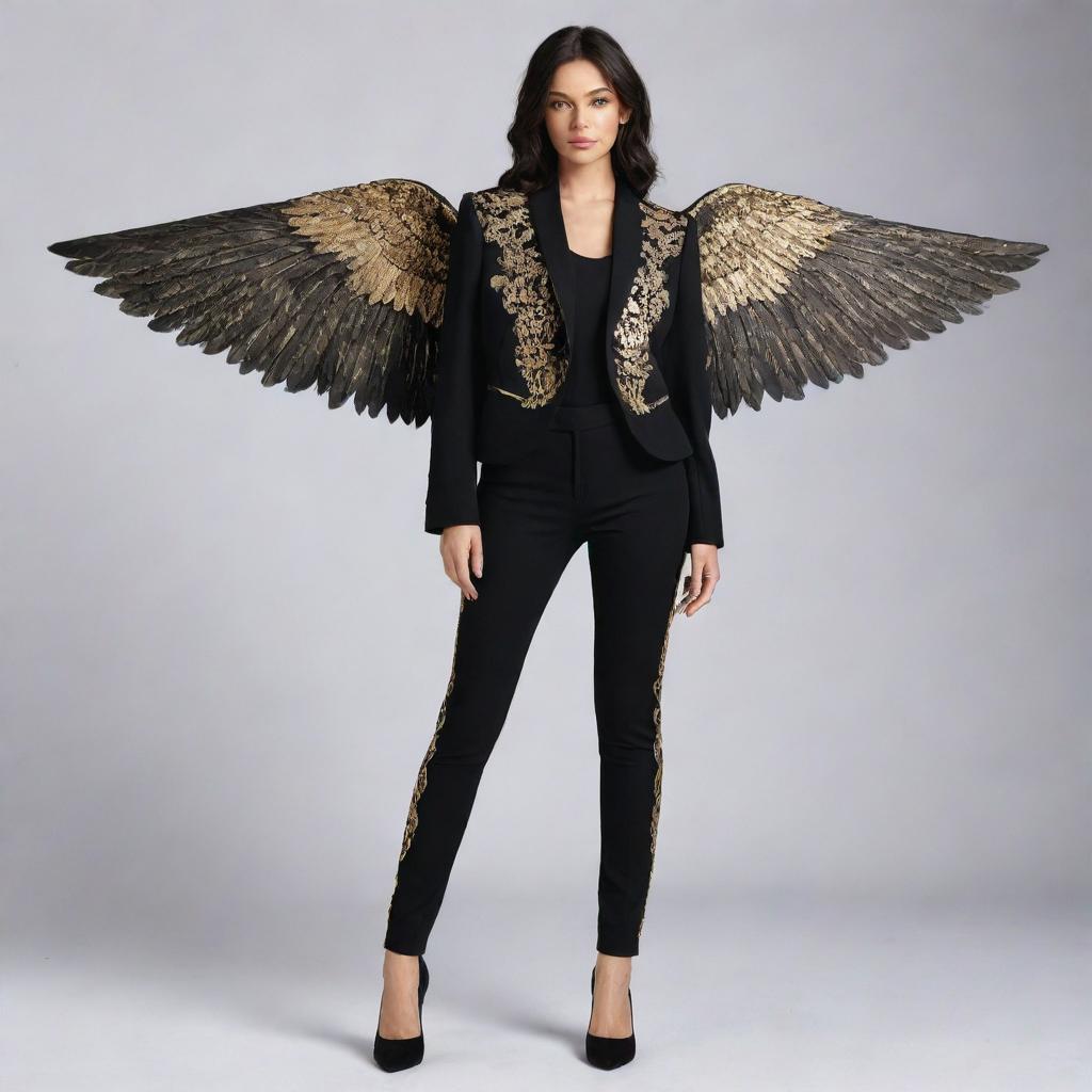 A stylish figure with dark wings and dark hair. They are dressed in a black jacket with gold detailing and black trousers with white patterns.