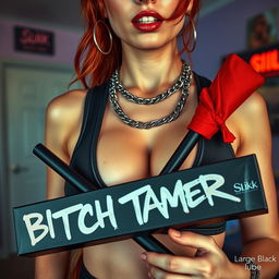 A close-up shot focusing on the chest and torso of a sexy redhead female, wearing a stylish tank top adorned with punk chains