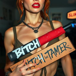A close-up shot focusing on the chest and torso of a sexy redhead female, wearing a stylish tank top adorned with punk chains