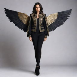 A stylish figure with dark wings and dark hair. They are dressed in a black jacket with gold detailing and black trousers with white patterns.