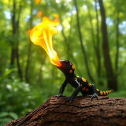 A cute baby black fire salamander with vibrant yellow spots spitting fire