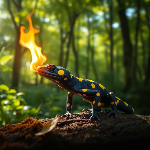 A cute baby black fire salamander with vibrant yellow spots spitting fire