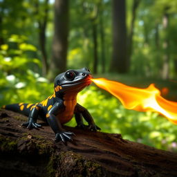 A cute baby black fire salamander with vibrant yellow spots spitting fire