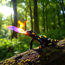 A cute baby black fire salamander with vibrant yellow spots spitting fire