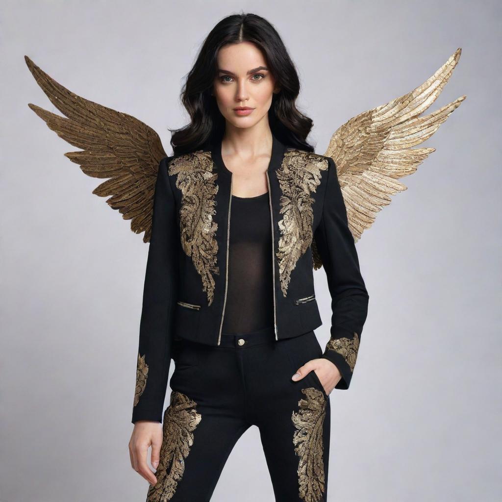 A stylish figure with dark wings and dark hair. They are dressed in a black jacket with gold detailing and black trousers with white patterns.