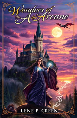 A captivating book cover image for a novel of magic and fantasy, featuring a majestic castle floating among clouds, surrounded by a vibrant landscape of enchanted forests and mystical creatures