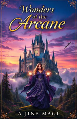A captivating book cover image for a novel of magic and fantasy, featuring a majestic castle floating among clouds, surrounded by a vibrant landscape of enchanted forests and mystical creatures