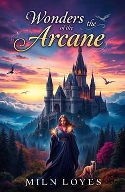 A captivating book cover image for a novel of magic and fantasy, featuring a majestic castle floating among clouds, surrounded by a vibrant landscape of enchanted forests and mystical creatures