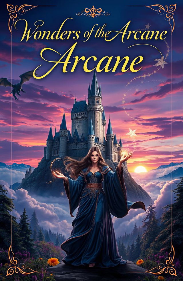 A captivating book cover image for a novel of magic and fantasy, featuring a majestic castle floating among clouds, surrounded by a vibrant landscape of enchanted forests and mystical creatures