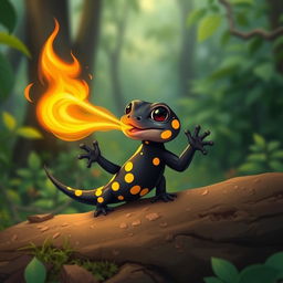A cute baby black fire salamander with vibrant yellow spots, energetically spitting a fireball