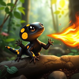 A cute baby black fire salamander with vibrant yellow spots, energetically spitting a fireball