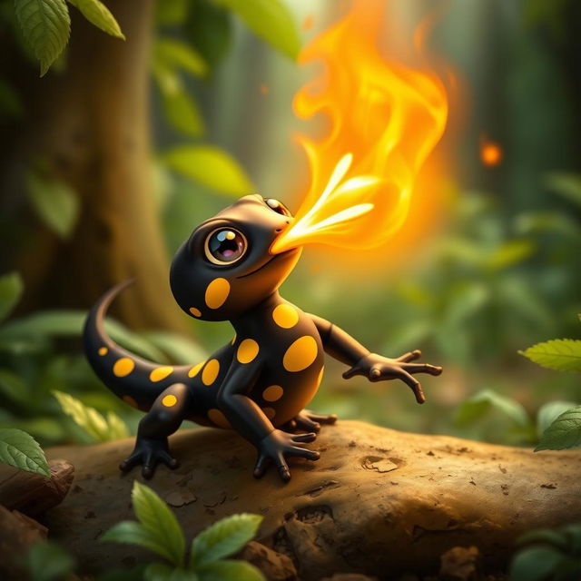 A cute baby black fire salamander with vibrant yellow spots, energetically spitting a fireball