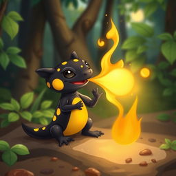 A cute baby black fire salamander with vibrant yellow spots, energetically spitting a fireball