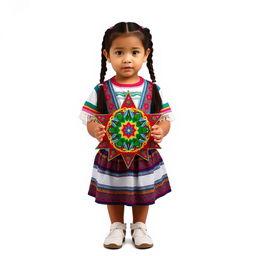 A young girl standing, facing forward, with two braids, dressed in traditional Guatemalan attire
