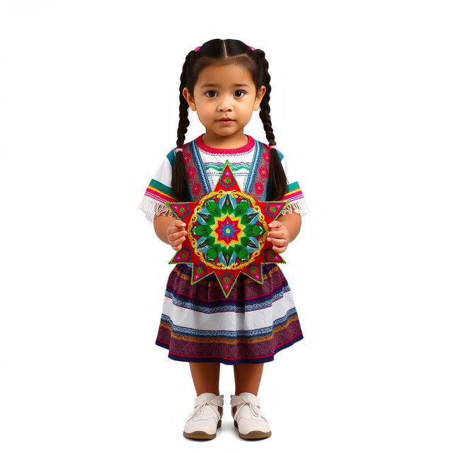 A young girl standing, facing forward, with two braids, dressed in traditional Guatemalan attire