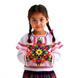 A young girl standing, facing forward, with two braids, dressed in traditional Guatemalan attire