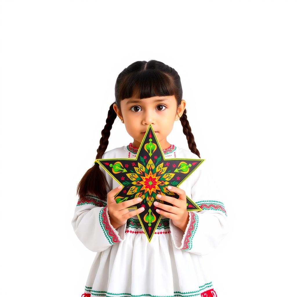 A young girl standing, facing forward, with two braids, dressed in traditional Guatemalan attire