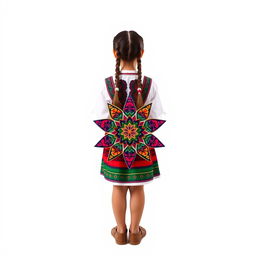 A young girl standing, facing forward, with two braids, dressed in traditional Guatemalan attire