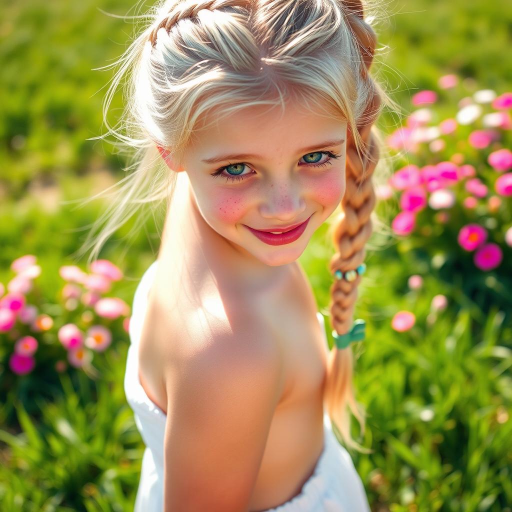 A stunning blonde girl with a braided ponytail, showcasing her playful summer freckles