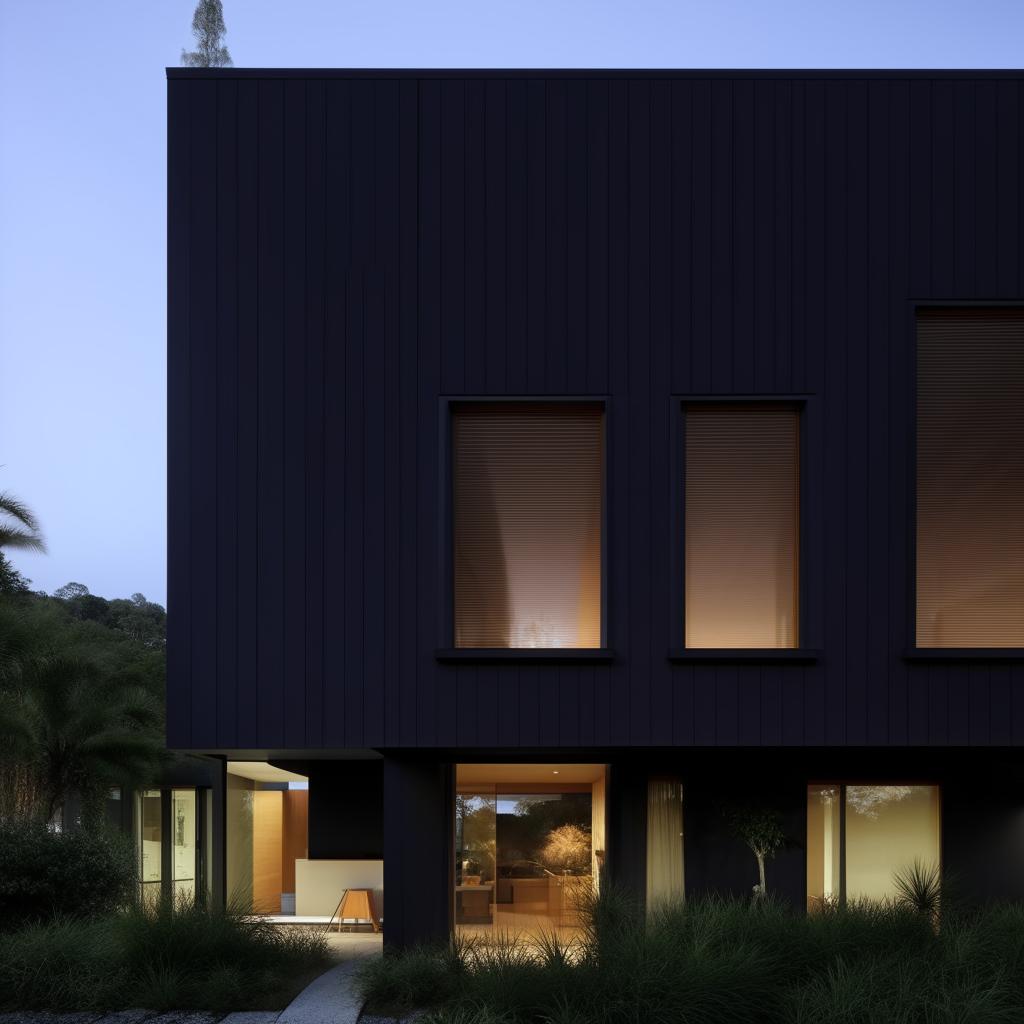 A modern house with black exterior walls and teak wood accents, displaying clean lines, minimalist design, and expansive windows.