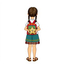 Illustration of a young girl standing, full body view, wearing sandals, with two braids, facing forward
