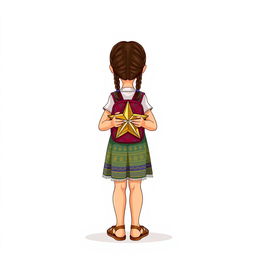 Illustration of a young girl standing, full body view, wearing sandals, with two braids, facing forward