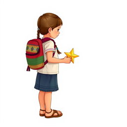 Illustration of a young girl standing, full body view, wearing sandals, with two braids, facing forward