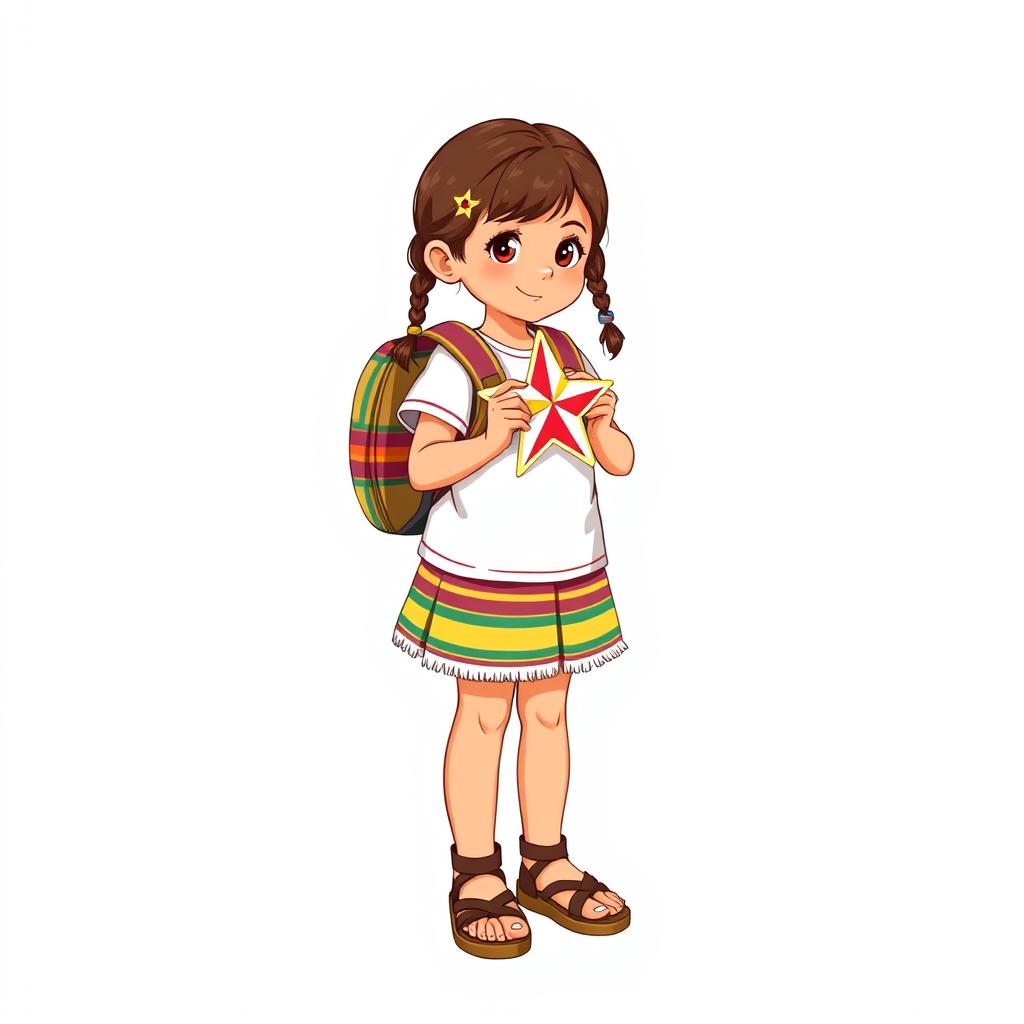 Illustration of a young girl standing, full body view, wearing sandals, with two braids, facing forward