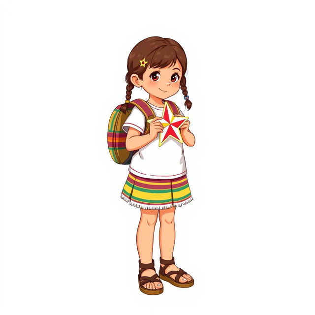 Illustration of a young girl standing, full body view, wearing sandals, with two braids, facing forward