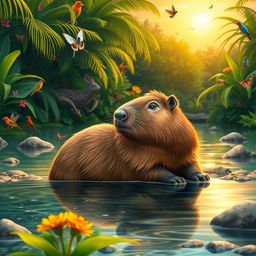 A serene landscape featuring a capybara relaxing by a tropical riverbank, surrounded by lush greenery and colorful flowers