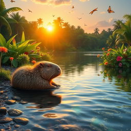 A serene landscape featuring a capybara relaxing by a tropical riverbank, surrounded by lush greenery and colorful flowers