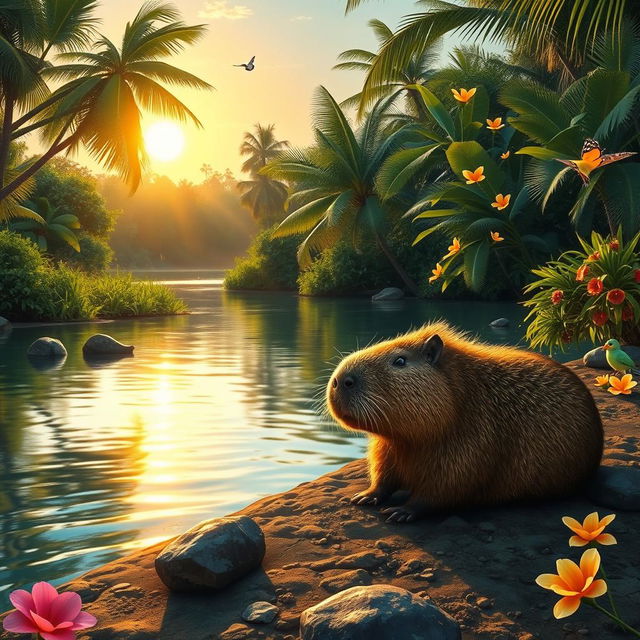 A serene landscape featuring a capybara relaxing by a tropical riverbank, surrounded by lush greenery and colorful flowers