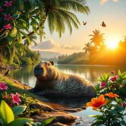 A serene landscape featuring a capybara relaxing by a tropical riverbank, surrounded by lush greenery and colorful flowers