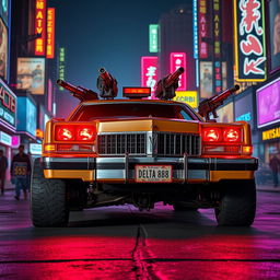 A tan 1973 Oldsmobile Delta 88, featuring striking red headlights and futuristic roof-mounted guns