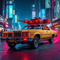 A tan 1973 Oldsmobile Delta 88, featuring striking red headlights and futuristic roof-mounted guns