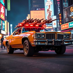 A tan 1973 Oldsmobile Delta 88, featuring striking red headlights and futuristic roof-mounted guns