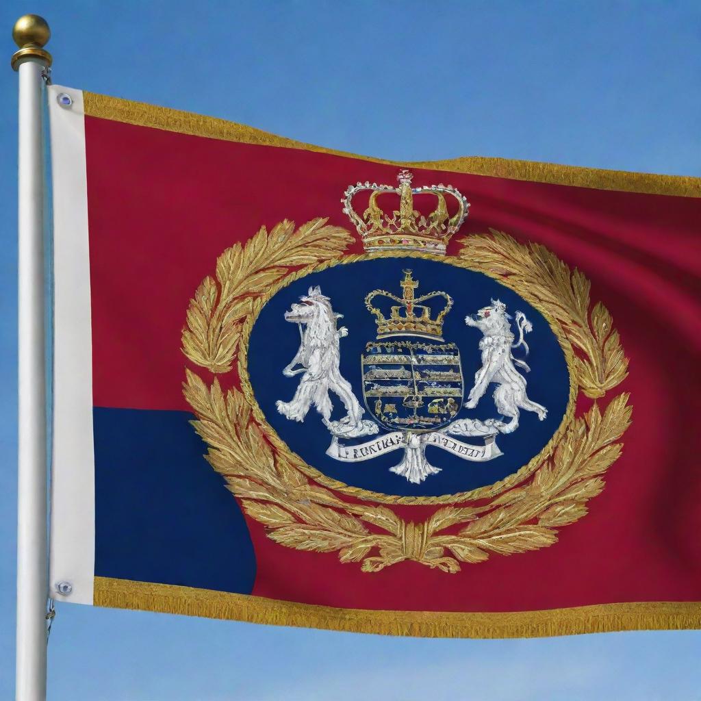 An imperial state flag with rich colors and elaborate insignia, flying proudly in the wind.