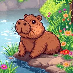 A cute pixel art representation of a capybara, featuring detailed pixelated textures