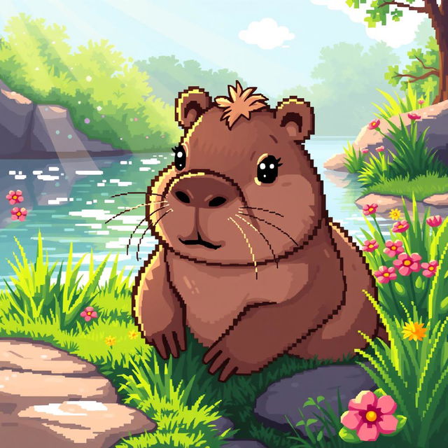 A cute pixel art representation of a capybara, featuring detailed pixelated textures