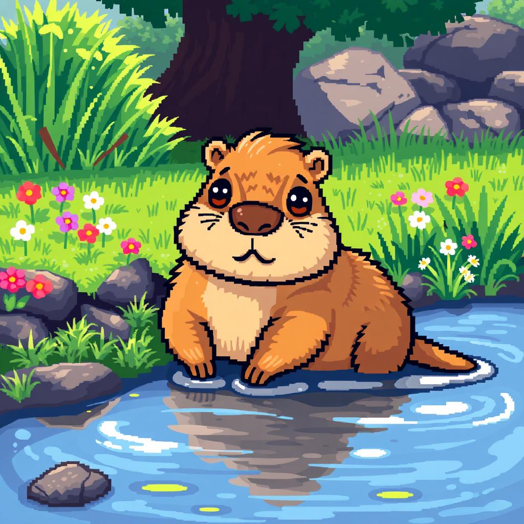 A cute pixel art representation of a capybara, featuring detailed pixelated textures