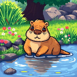 A cute pixel art representation of a capybara, featuring detailed pixelated textures