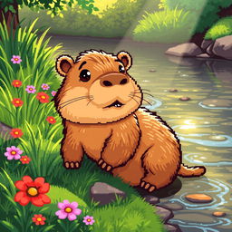 A cute pixel art representation of a capybara, featuring detailed pixelated textures