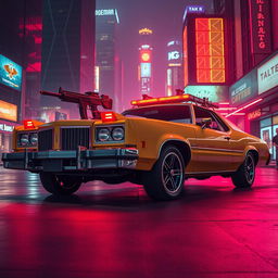 A tan 1973 Oldsmobile Delta 88 with striking red headlights, featuring roof-mounted guns, and spiky, aggressive wheels, presented in a vibrant cyberpunk style
