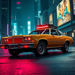 A tan 1973 Oldsmobile Delta 88 with striking red headlights, featuring roof-mounted guns, and spiky, aggressive wheels, presented in a vibrant cyberpunk style