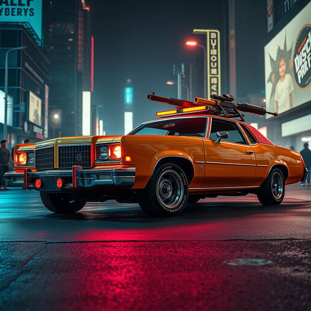 A tan 1973 Oldsmobile Delta 88 with striking red headlights, featuring roof-mounted guns, and spiky, aggressive wheels, presented in a vibrant cyberpunk style