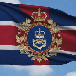 An imperial state flag with rich colors and elaborate insignia, flying proudly in the wind.