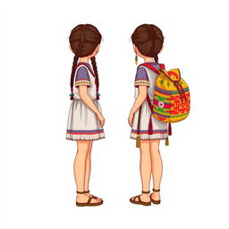 Illustration of a young girl standing in a full body view, wearing sandals, with two braids, facing forward